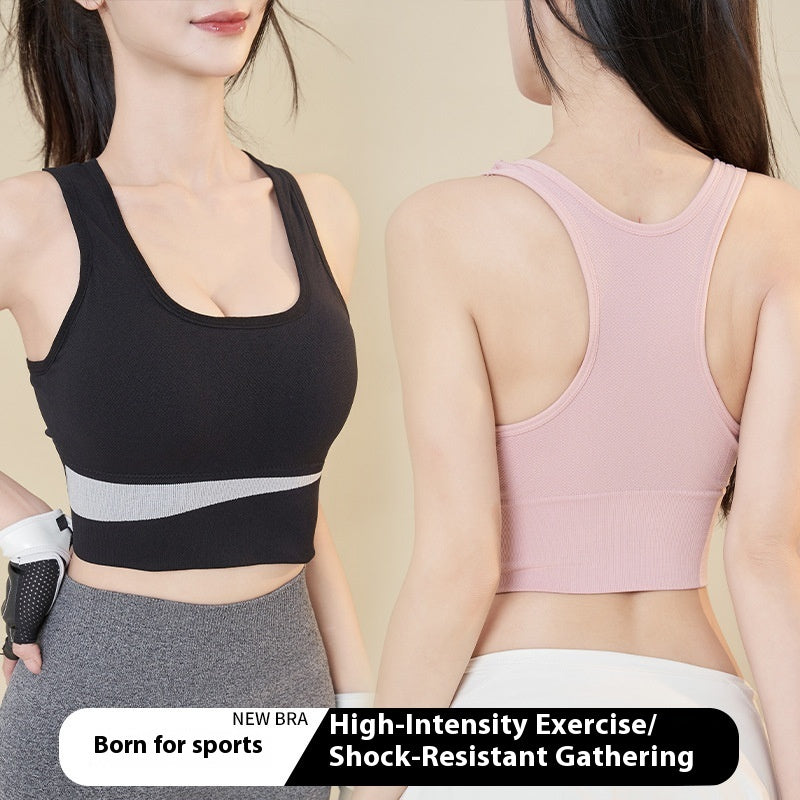 Wireless sports bra vest set with black and blush pink, wide underband and racerback-style cut