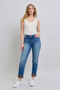 Straight-leg jeans in medium wash with plaid turn-up cuffs and pockets