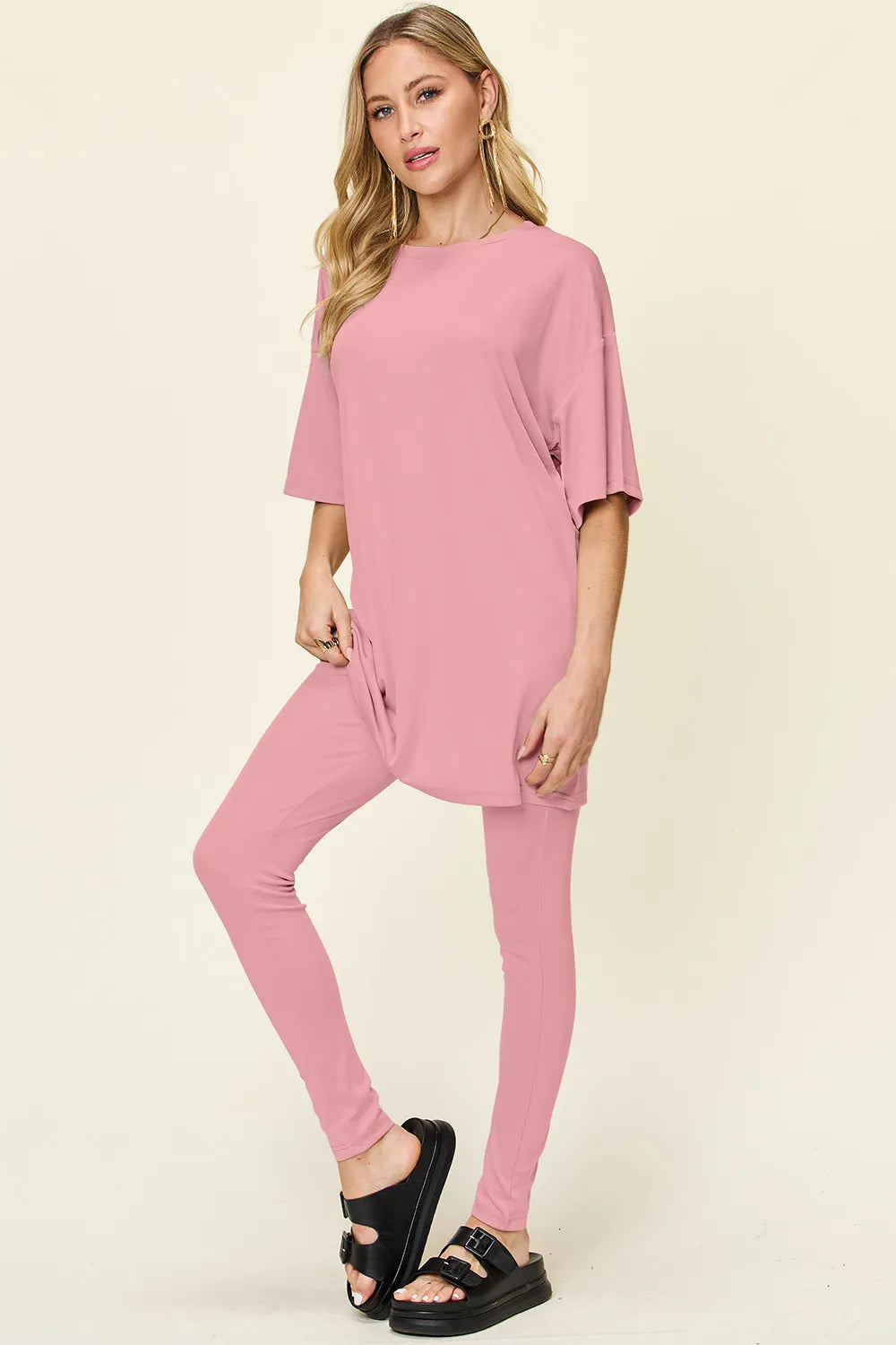 Dusty pink tunic T-shirt and leggings set, round neck, dropped sleeves