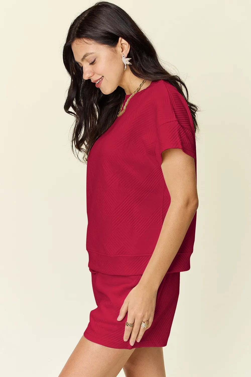 Red textured T-shirt and drawstring shorts set, side view
