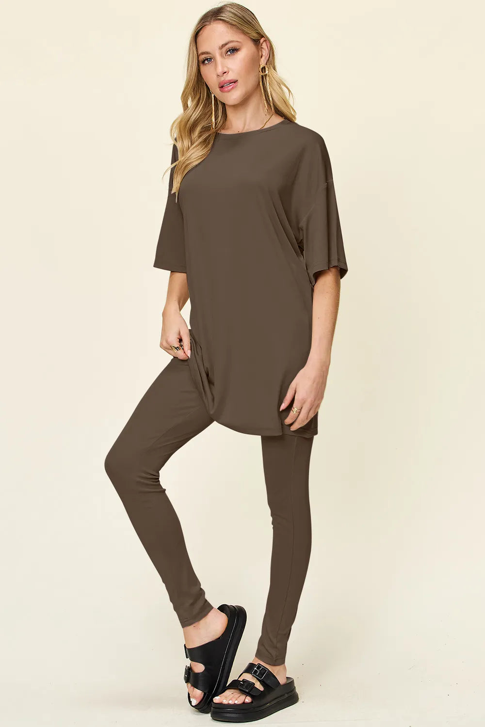 Mocha brown round neck T-shirt and leggings set, dropped shoulders