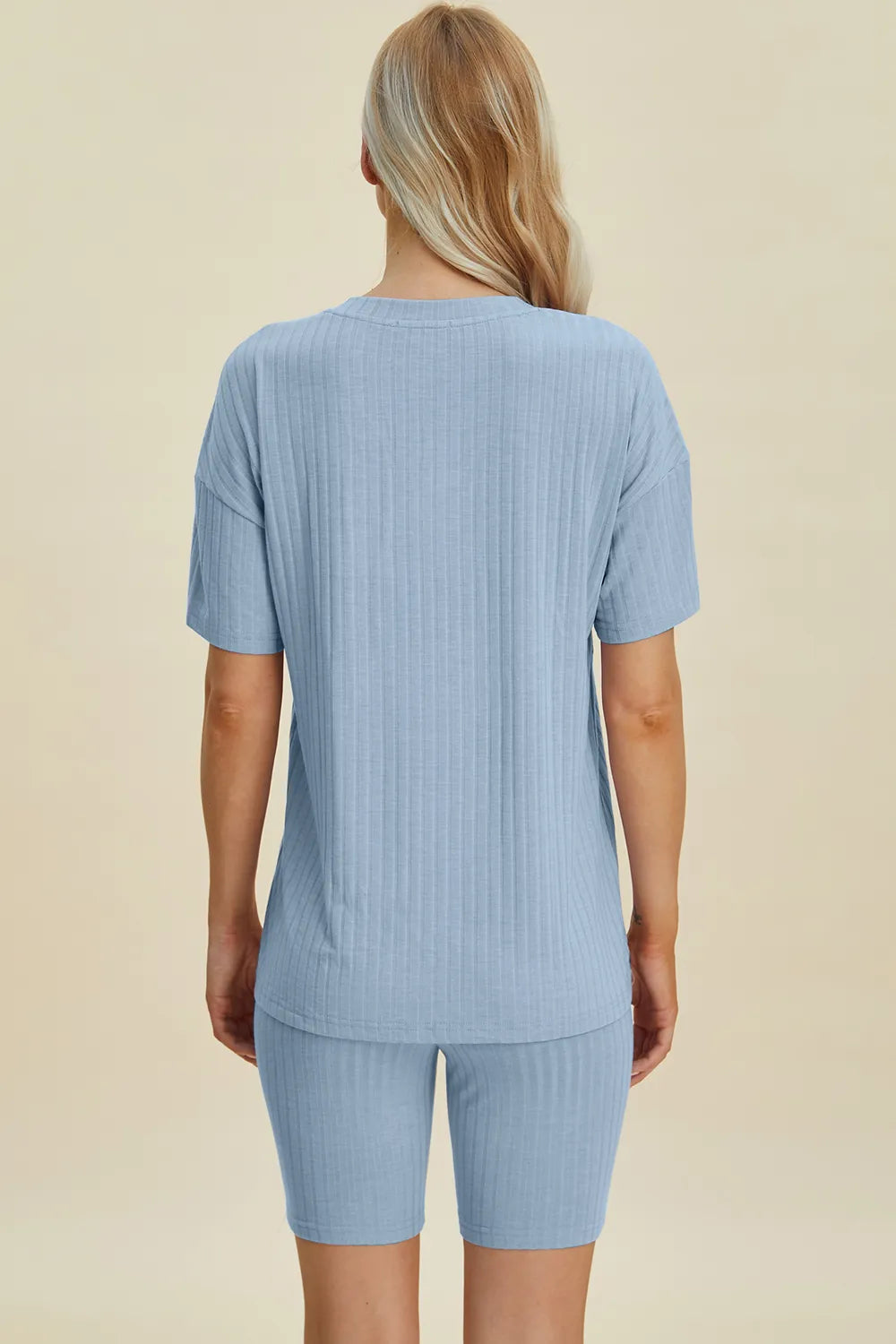 Ribbed v-neck short sleeve top and matching shorts set, light blue, back view