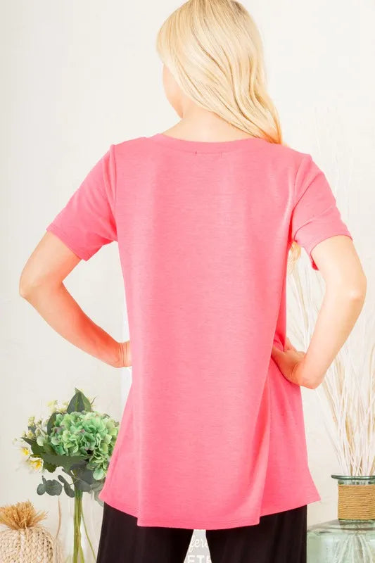 Neon pink V-neck short-sleeve T-shirt, back view