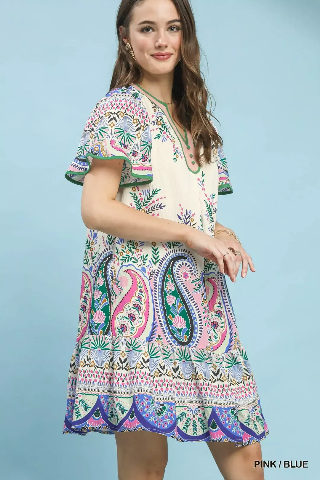 Pink/Blue printed mini dress with flutter sleeves, tiered ruffle hem, V-neck