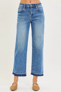 Medium-wash slouchy boyfriend jeans, cropped wide legs with frayed cuff hem