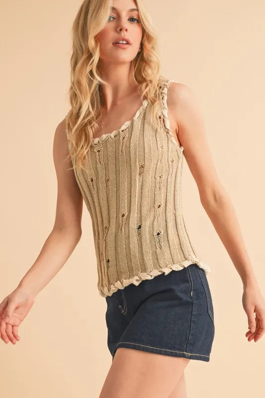 Khaki distressed sleeveless knit tank with round neckline and scalloped bottom