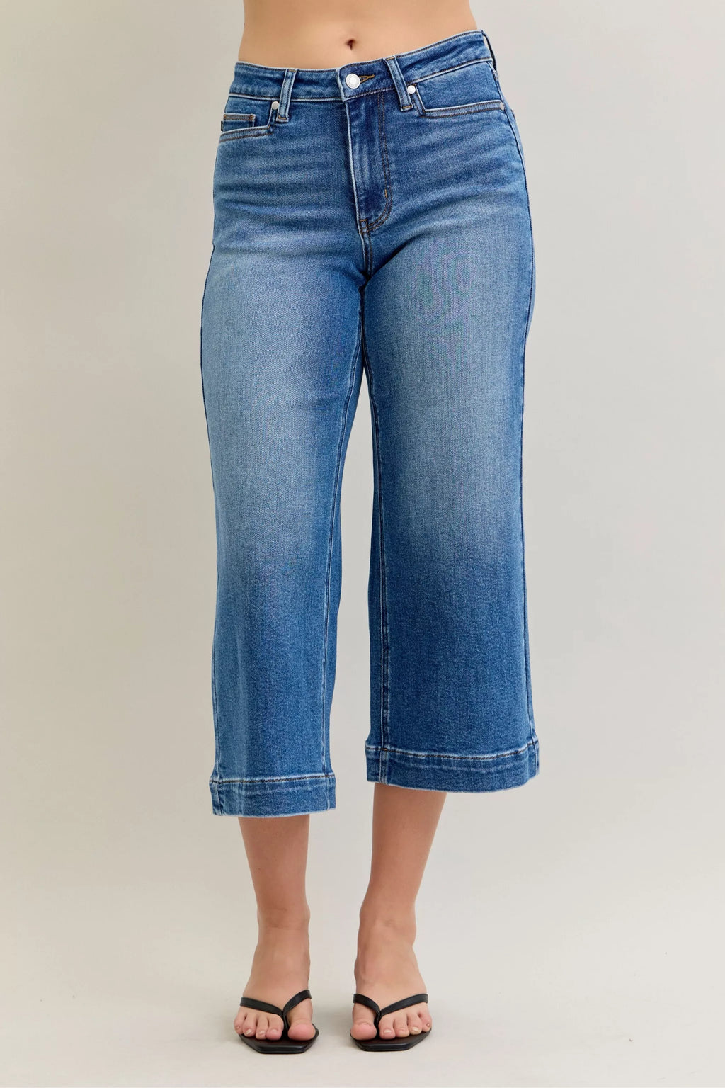 Judy Blue mid rise crop wide-leg jeans, light blue wash, button fly