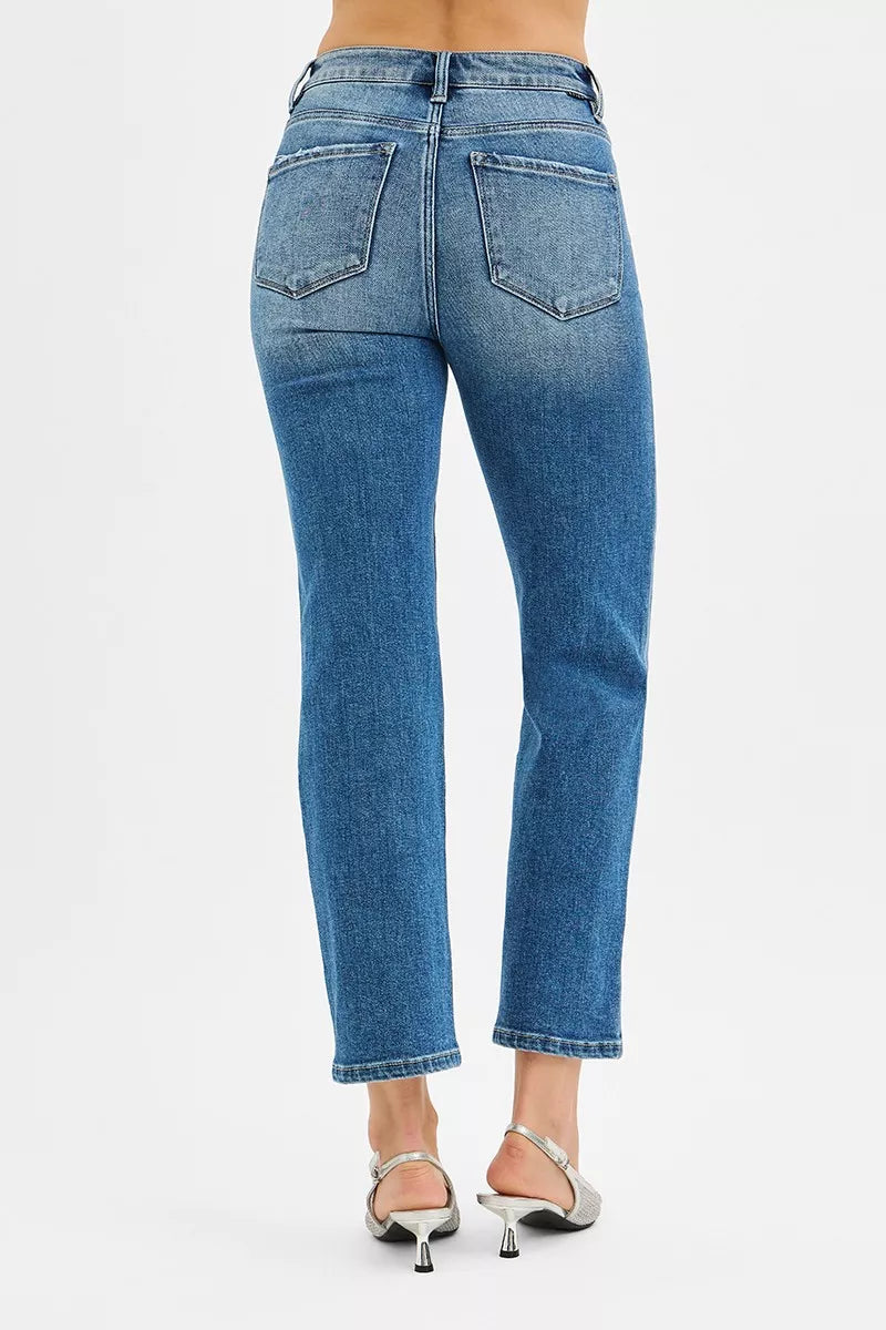 Medium-wash straight high-rise crop jeans, back pockets and yoke seam detail