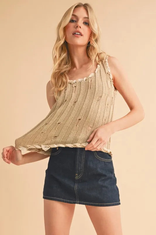 Khaki sleeveless knit tank with round neck, distressed vertical knit texture and scalloped hem