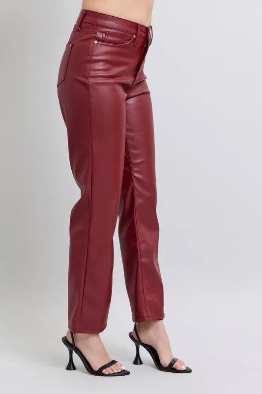 Red high-waist faux leather straight pants, back view with belt loops and pockets