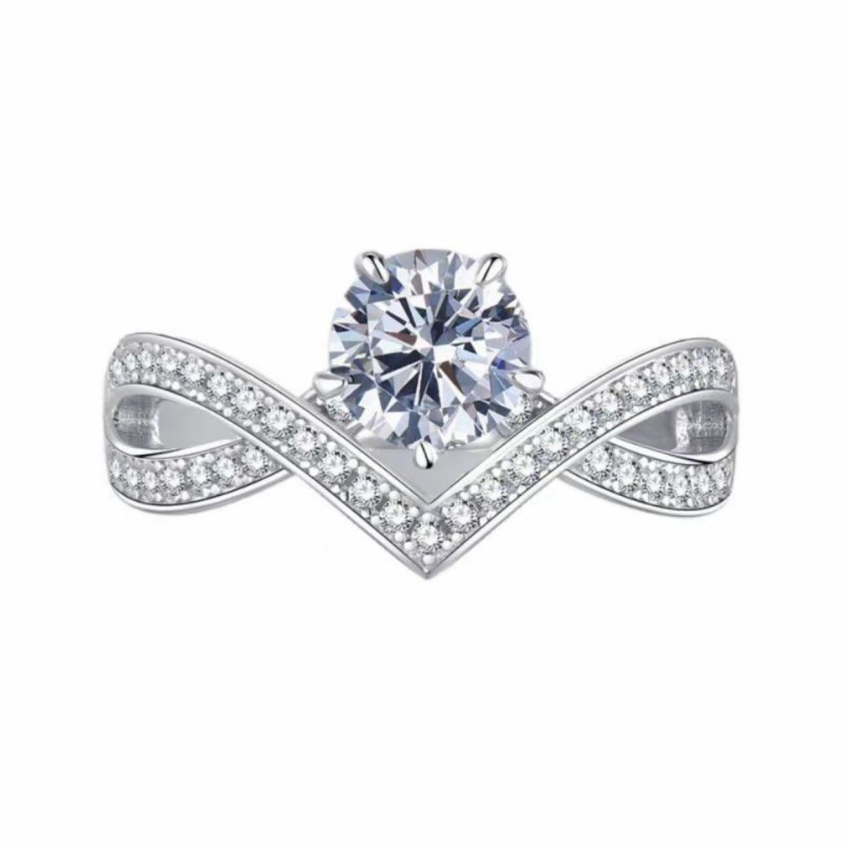 Moissanite ring on white background: round center stone, V-shaped pavé band