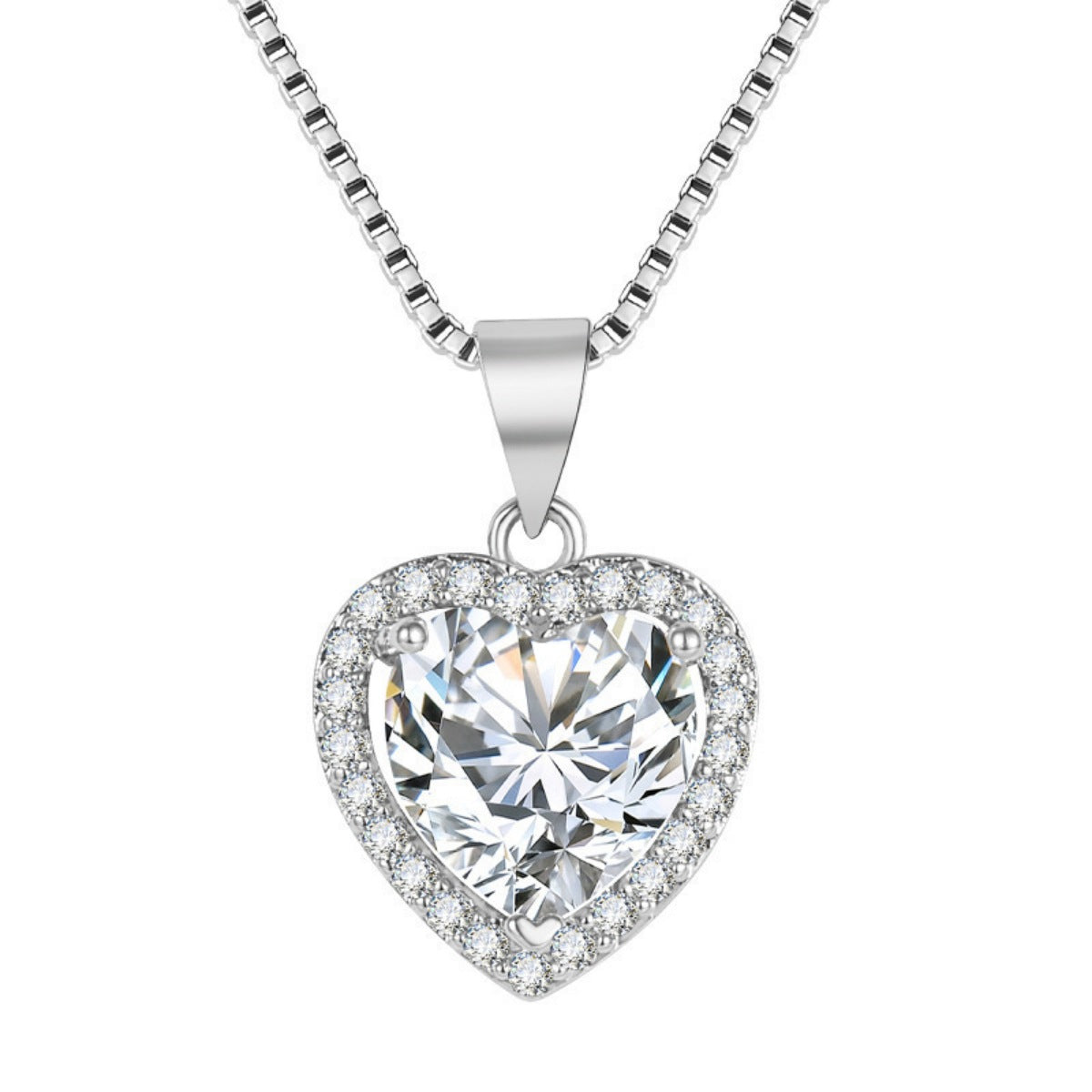 Heart pendant necklace in 925 silver with round halo stones and center moissanite