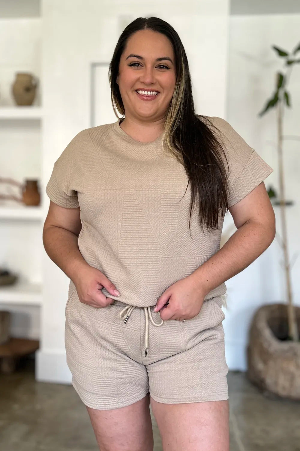 Khaki textured lounge set: crew-neck top with matching drawstring-waist shorts