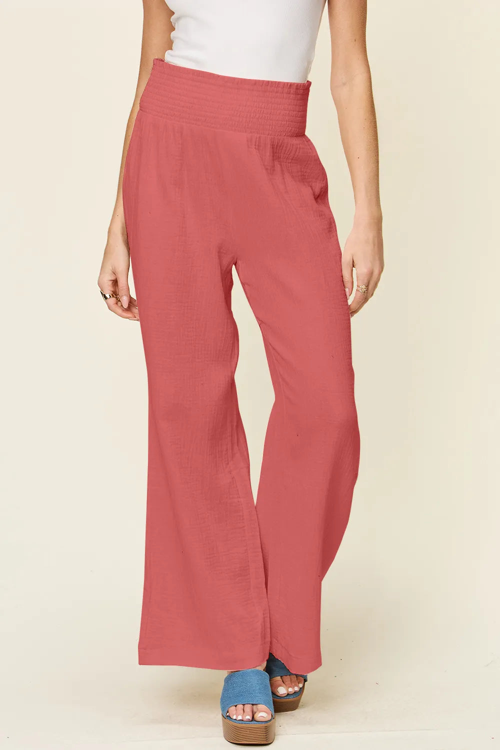 Wide-leg pants in hot pink, smocked waist, relaxed straight-leg fit