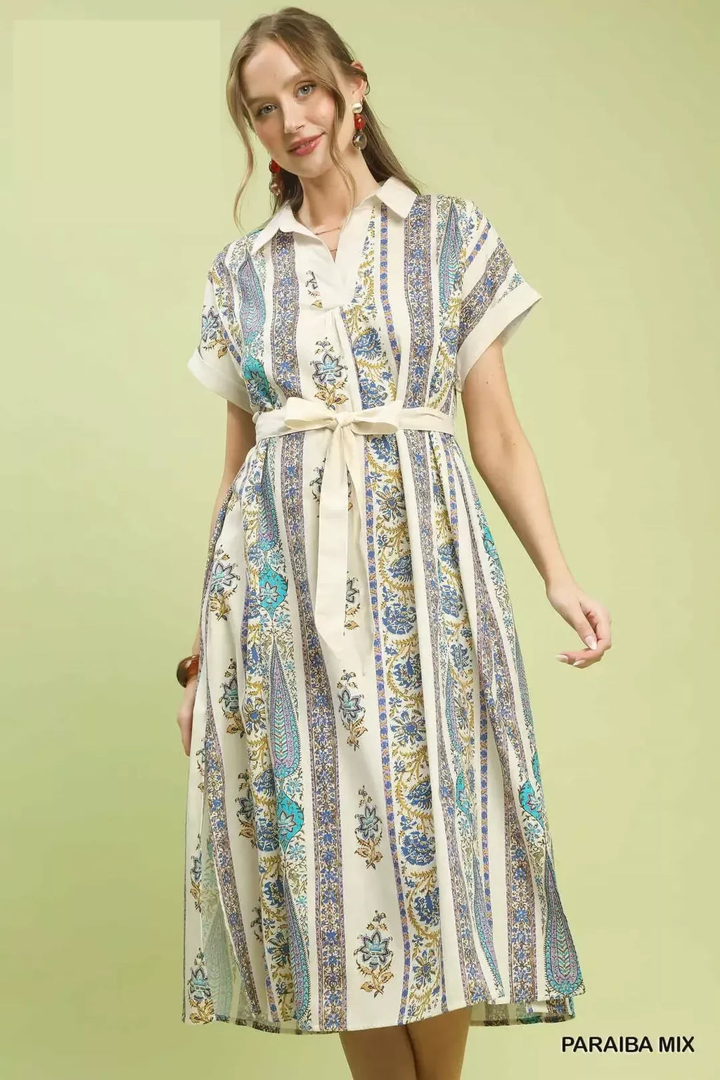 Vertical stripe midi dress with tie waist, short sleeves, blue and teal floral print