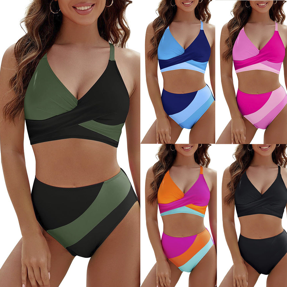 Multicolor cross-strap bralette and bikini bottom set, multiple color options