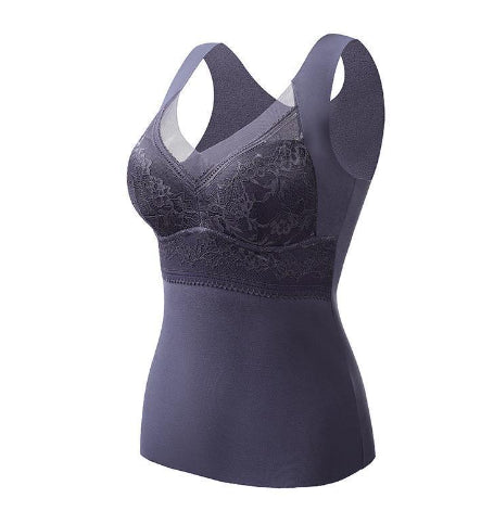 Thermal padded wireless bra in navy blue with lace cups and scoop neckline