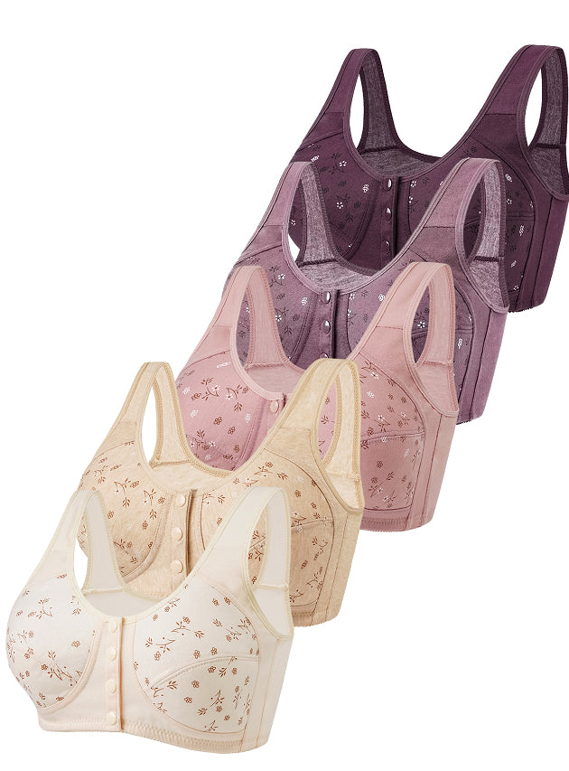5-pack printed wireless bras with wide straps and front button closure, mixed colors
