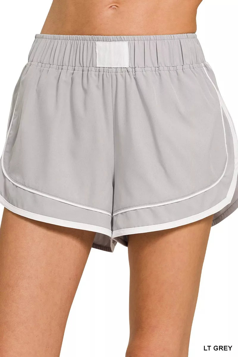 LT GREY soft woven lined dolphin shorts with elastic waistband and contrast trim