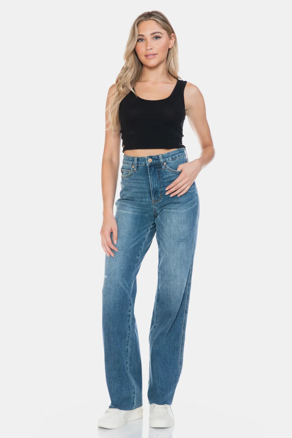 Straight Jeans Medium Wash, hohe Taille, Knopfverschluss und gerade Beinform