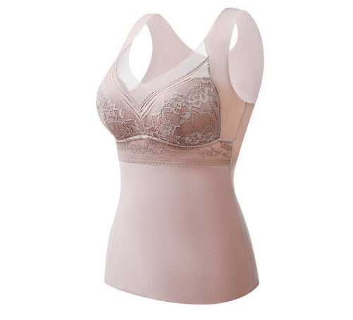 Thermal padded wireless bra in blush pink with lace cups and scoop neckline