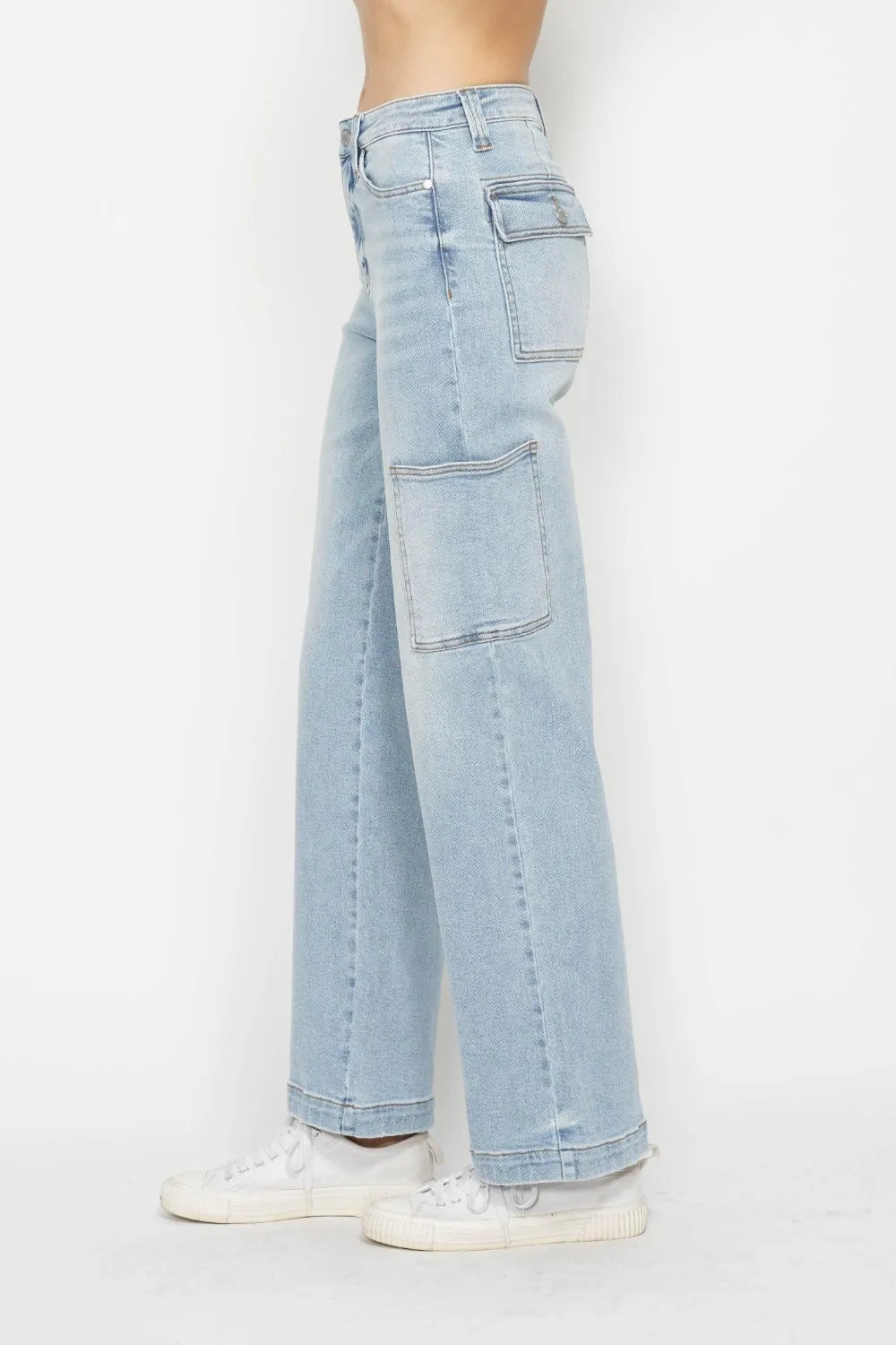 Light blue high-waist straight jeans with cargo pocket panels on side