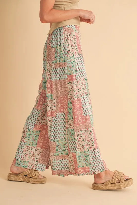 Aemi+Co mint/pink patchwork print wide-leg pants with gathered elastic waist