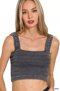 Black seamless bra top, winkle-stonewashed knit with square neckline