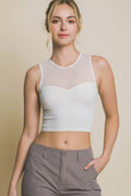 Trendsi off-white ribbed cropped mesh tank with round neckline