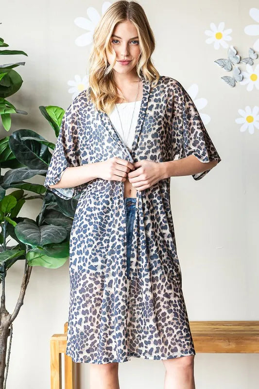 Taupe leopard print open-front cardigan with flowy short sleeves, front view