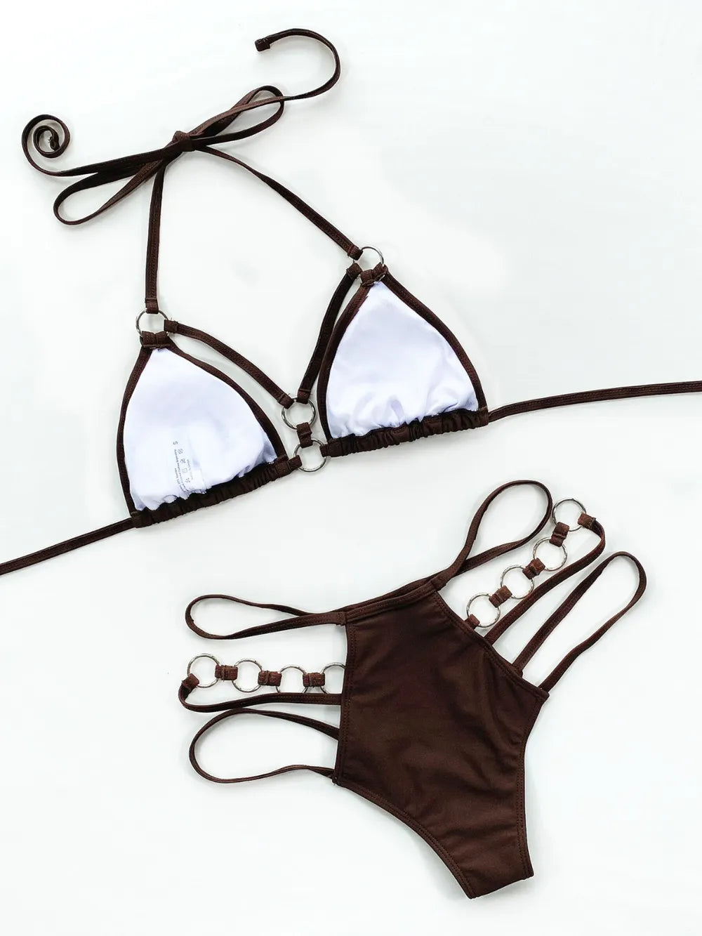 Chocolate triangle halter bikini top with cutout straps and matching thong bottom