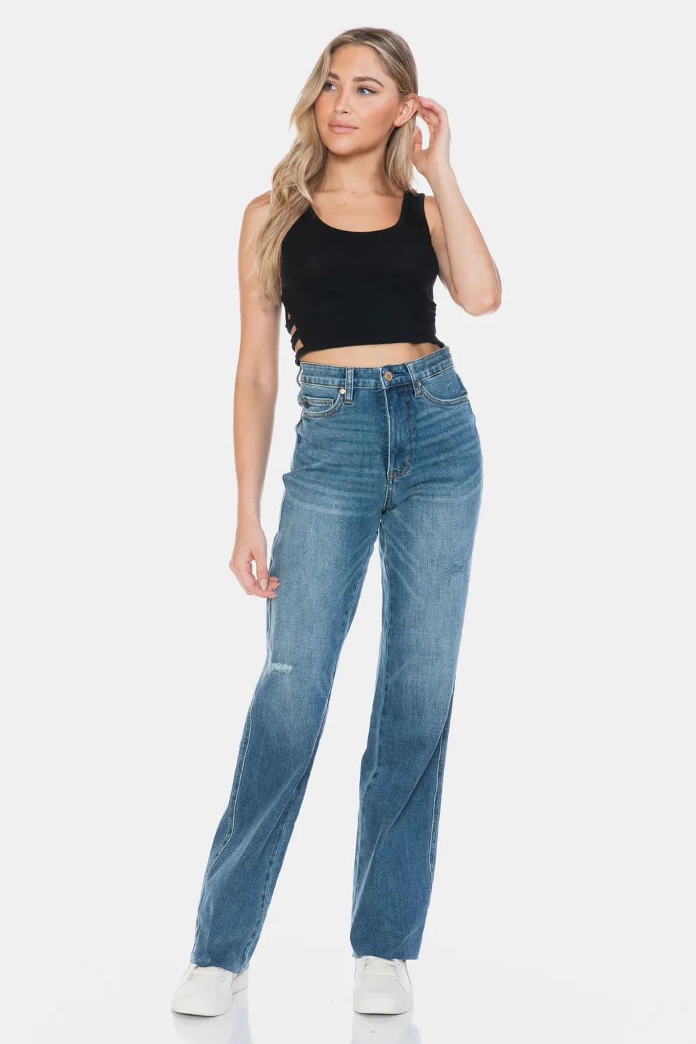 Judy Blue straight jeans in medium wash with raw hem, button front and 5-pocket