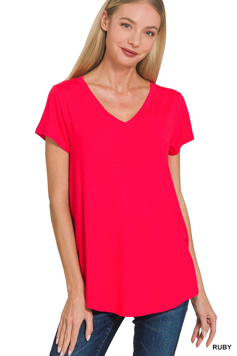 Ruby red V-neck rayon top with short sleeves and rounded hem