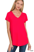 Ruby red V-neck rayon top with short sleeves and rounded hem