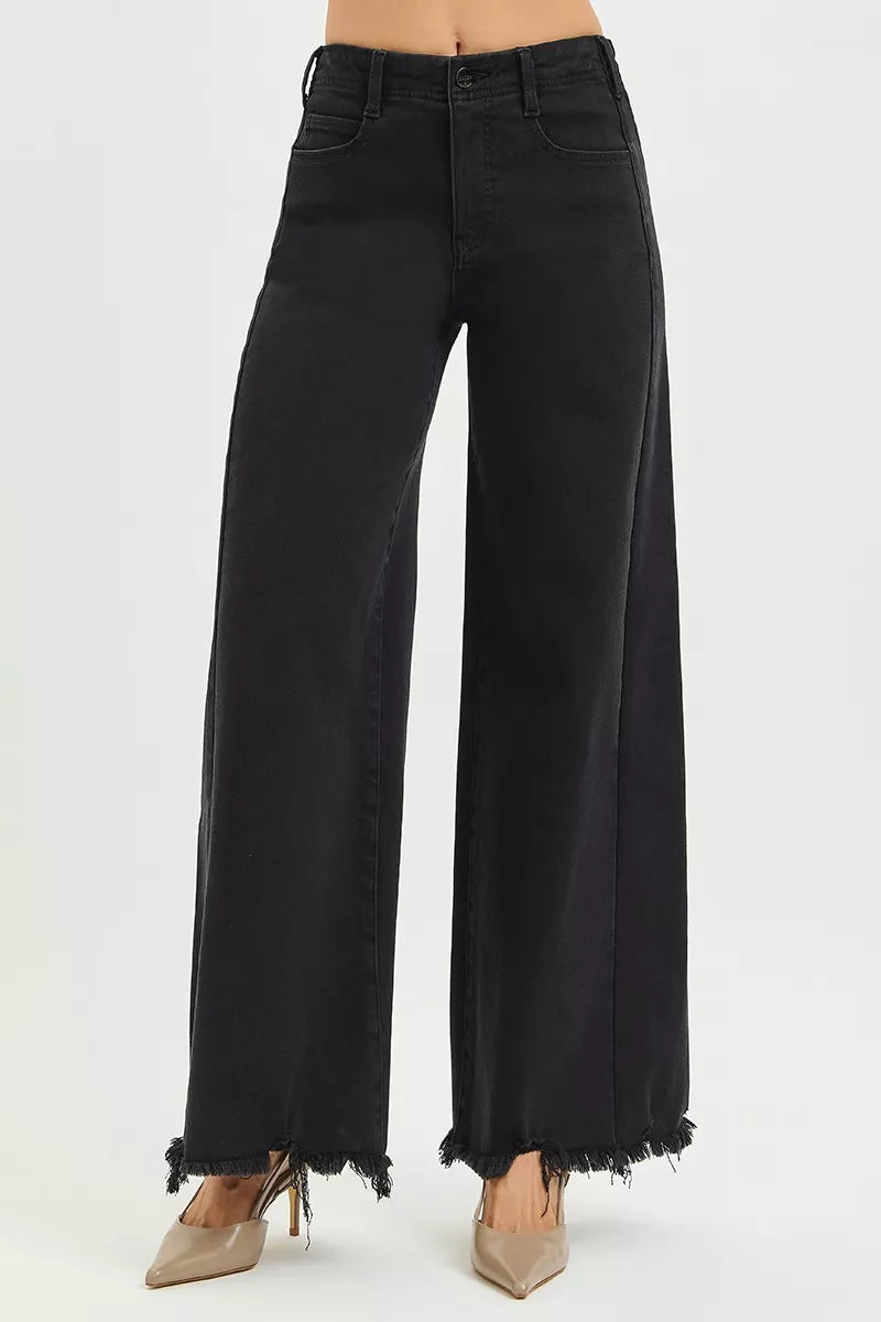 Black high-rise palazzo jeans, wide leg, frayed bottom hem