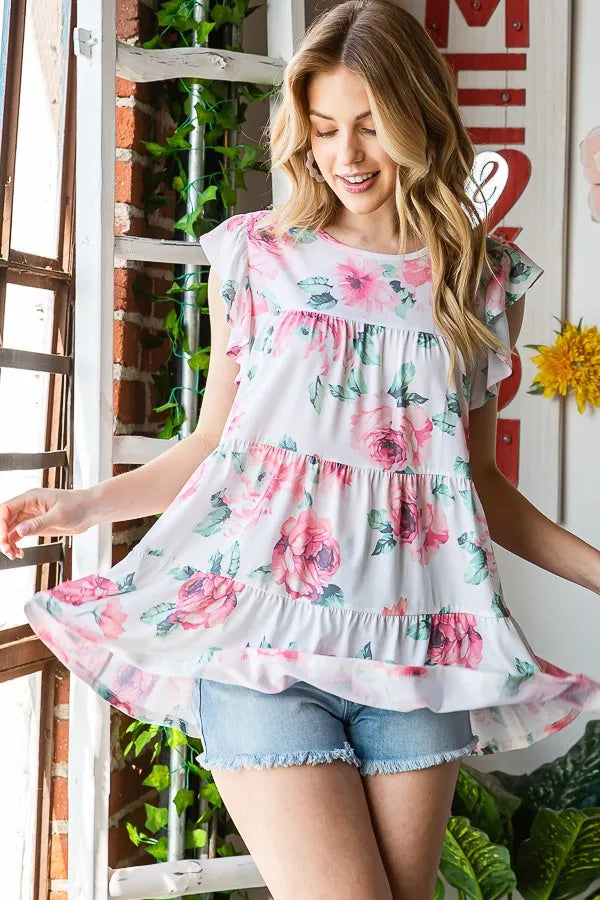 Cream floral tiered short-sleeve top with ruffle sleeves, round neck, plus size