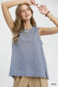 Blue striped sleeveless top with tassel fringe trim along the bottom hem