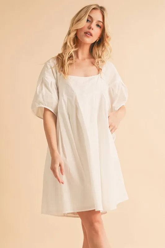 Trendsi white square-neck babydoll dress with puff sleeves and gathered skirt