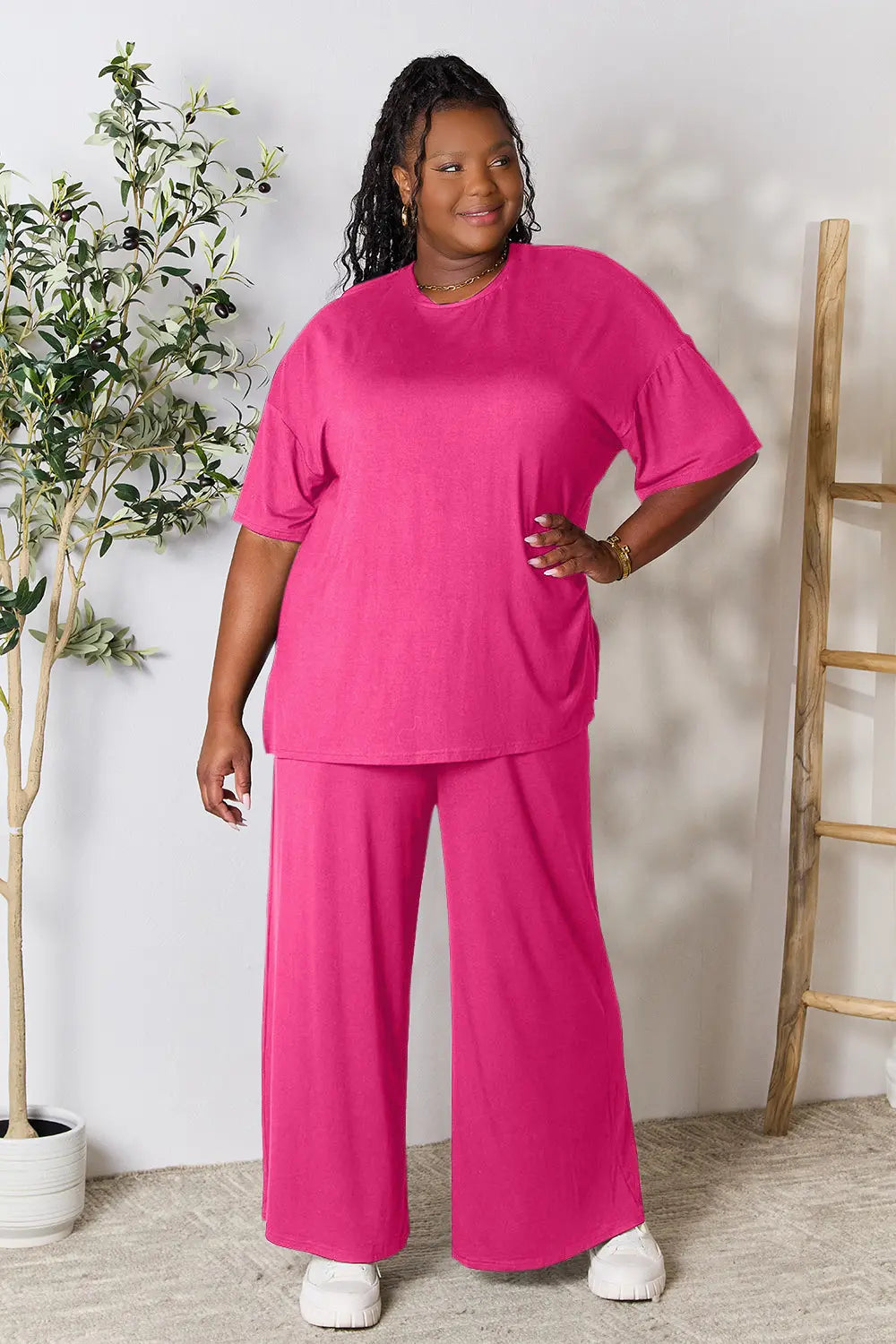 Hot pink round-neck tunic top and wide-leg pants set