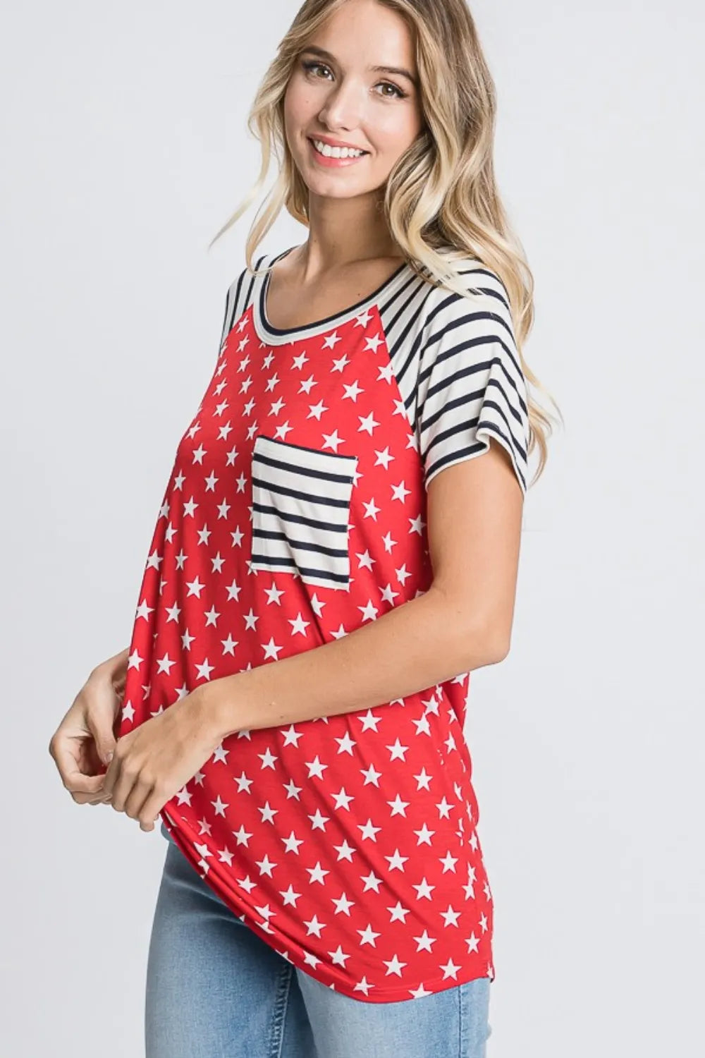 Red star-and-stripe raglan T-shirt with navy striped sleeves, round neckline