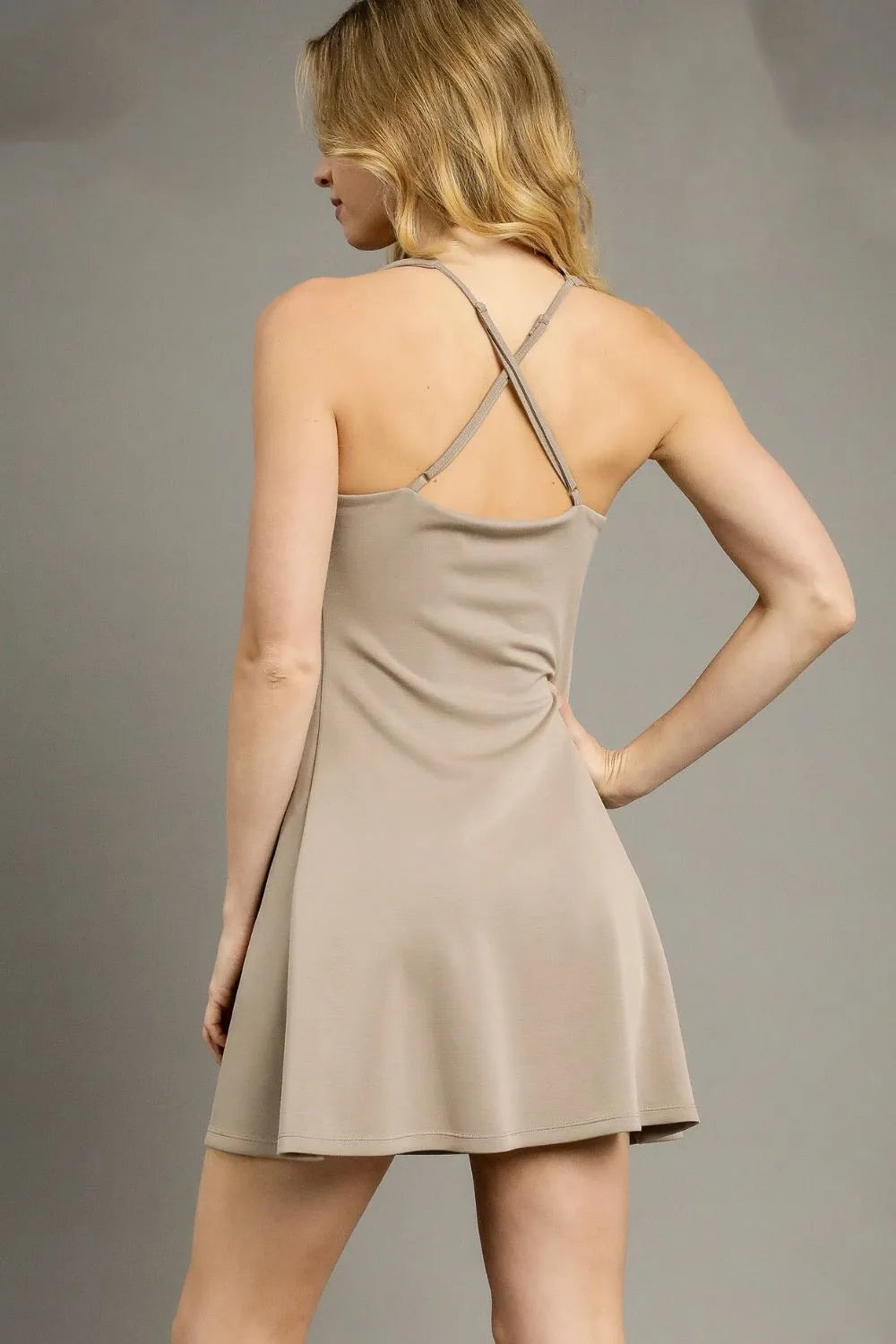Khaki active dress with crisscross open-back straps