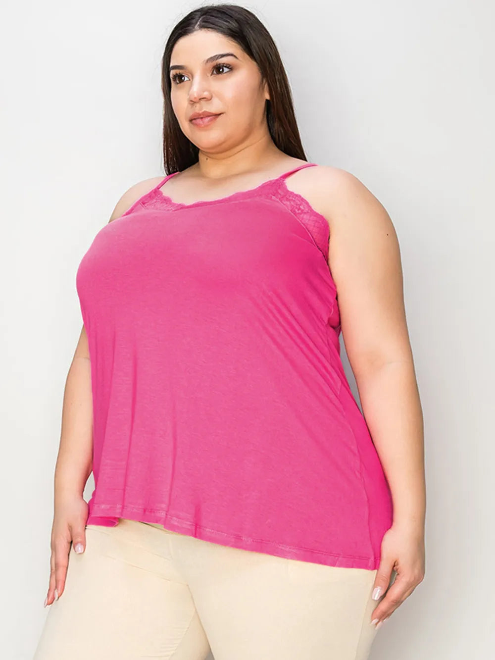 Pink lace-trim V-neck cami, straight hem and scalloped lace yoke detail
