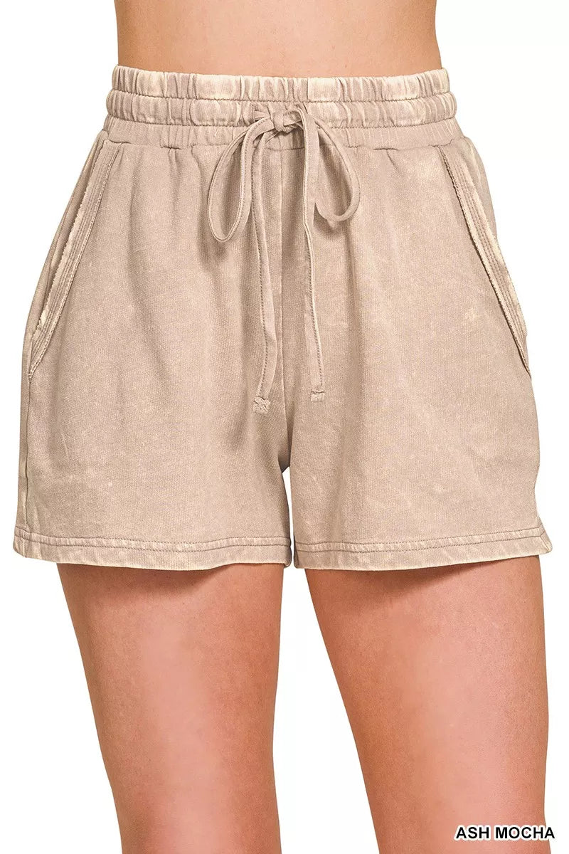 Front view of ASH MOCHA acid-washed drawstring shorts with elastic waistband