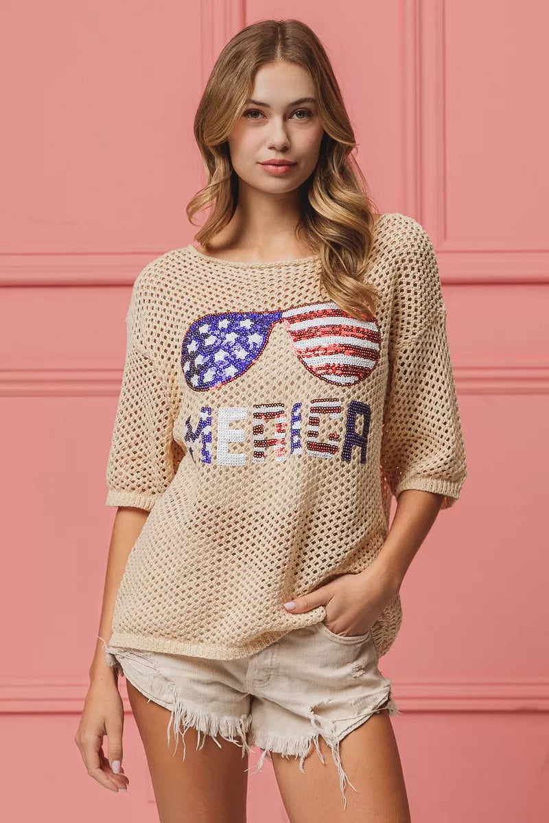 OATMEAL knit cover-up with sequin flag sunglasses and multicolor 'ME&ED' lettering