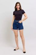 Denim-Shorts Plus Size mit hohem Bund, dunkelblau, Knopf- und Reißverschluss