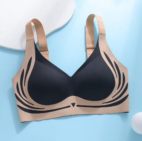 Black sports bra with beige swirl print, racerback straps, V-cut neckline (2-pack)