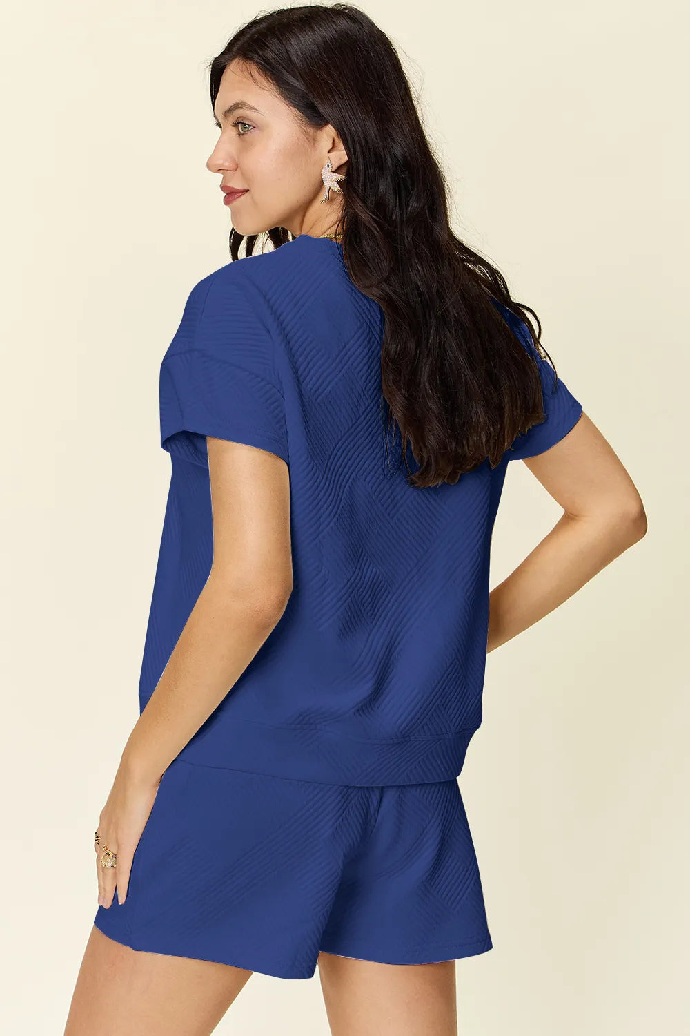 Royal Blue textured T-shirt and drawstring shorts set, back/three-quarter view