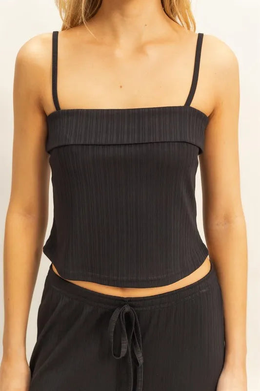 Black ribbed cami top with spaghetti straps and gathered neckline