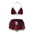 Red plaid babydoll lingerie set with white-trim halter bra and matching ruffled skirt