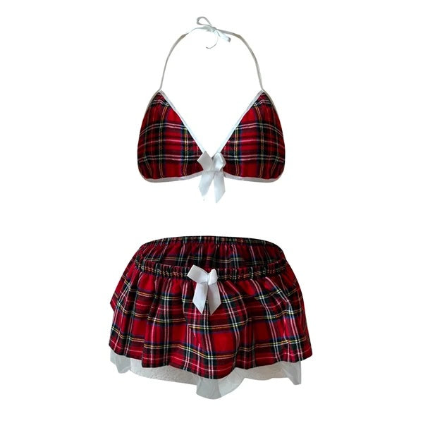 Red plaid babydoll lingerie set with white-trim halter bra and matching ruffled skirt